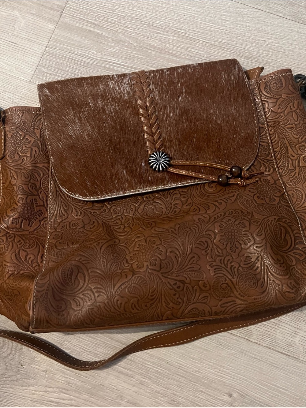 Myra Bag Brown Floral Tooled Leather Shoulder Bag with Haircalf Flap